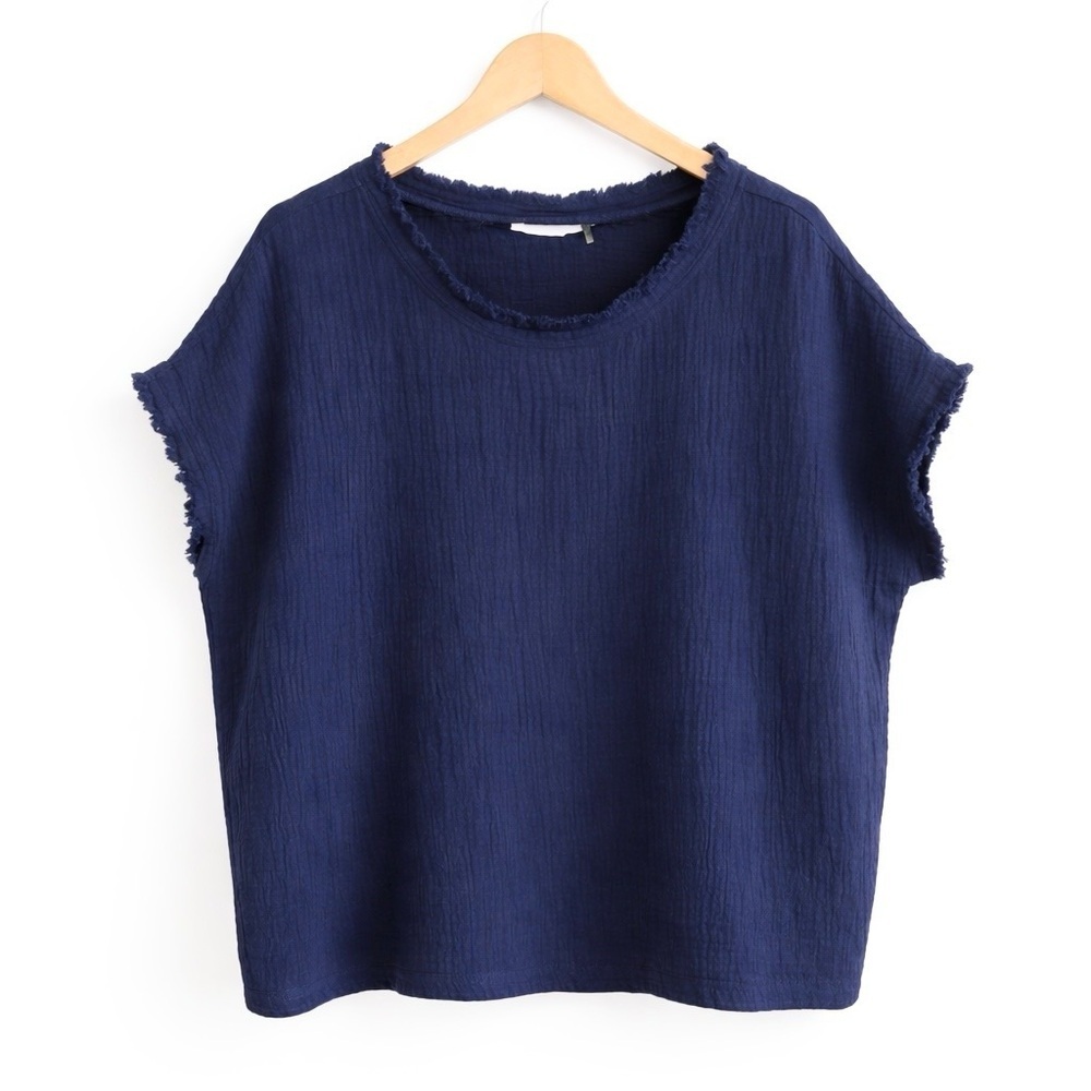 Kaktus Navy Crinkle 100% Cotton Gauze Boxy Top 1X Raw Fringe Edge